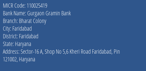 Gurgaon Gramin Bank Bharat Colony MICR Code