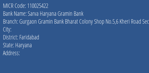 Sarva Haryana Gramin Bank Gurgaon Gramin Bank Bharat Colony Shop No.5 6 Kheri Road Sector 16a Faridabad 121002 Bsk Branch Address Details and MICR Code 110025422