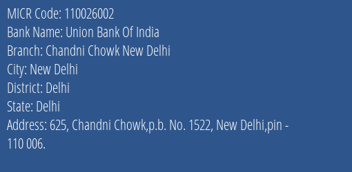 Union Bank Of India Chandni Chowk New Delhi Branch Address Details and MICR Code 110026002
