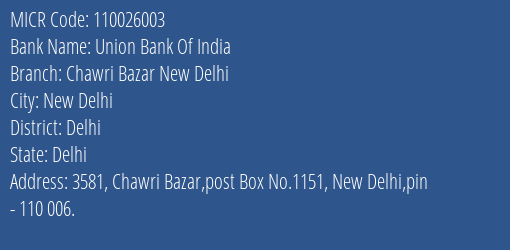 Union Bank Of India Chawri Bazar New Delhi Branch Address Details and MICR Code 110026003
