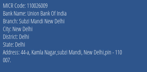 Union Bank Of India Subzi Mandi New Delhi Branch Address Details and MICR Code 110026009