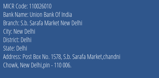 Union Bank Of India S.b. Sarafa Market New Delhi Branch Address Details and MICR Code 110026010