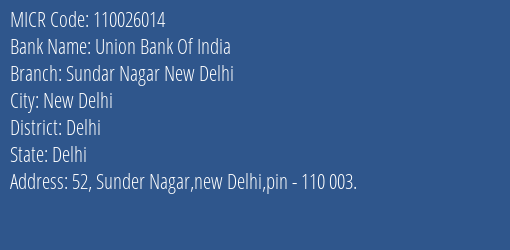 Union Bank Of India Sundar Nagar New Delhi Branch Address Details and MICR Code 110026014