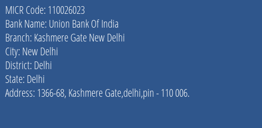 Union Bank Of India Kashmere Gate New Delhi Branch Address Details and MICR Code 110026023