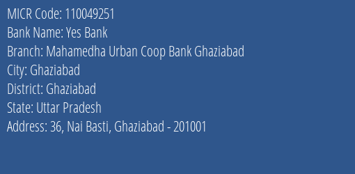 Mahamedha Urban Coop Bank Ghaziabad MICR Code
