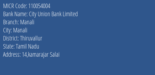 City Union Bank Limited Manali MICR Code