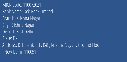 Dcb Bank Limited Krishna Nagar MICR Code