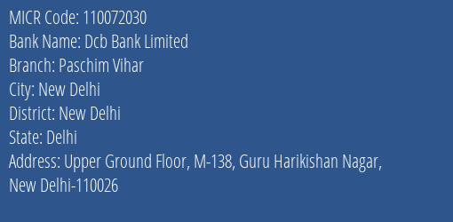 Dcb Bank Limited Paschim Vihar MICR Code