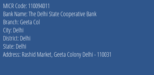 The Delhi State Cooperative Bank Limited Shahdara MICR Code