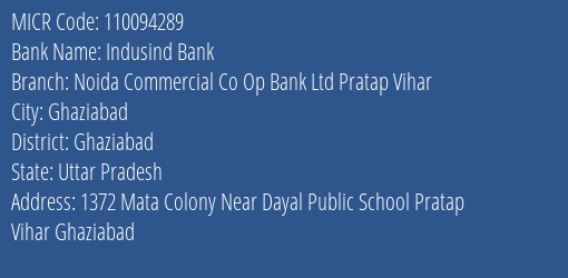 Noida Commercial Co Op Bank Ltd Pratap Vihar MICR Code