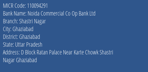 Noida Commercial Co Op Bank Ltd Shastri Nagar MICR Code