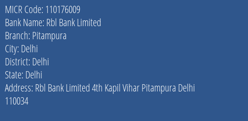 Rbl Bank Limited Pitampura MICR Code