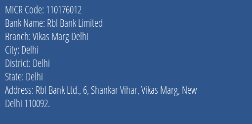 Rbl Bank Limited Vikas Marg Delhi MICR Code