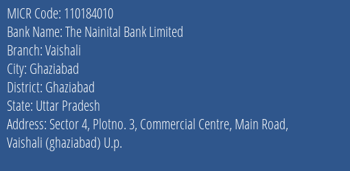 The Nainital Bank Limited Vaishali MICR Code