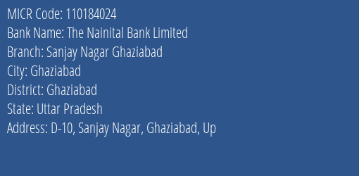 The Nainital Bank Limited Sanjay Nagar Ghaziabad MICR Code