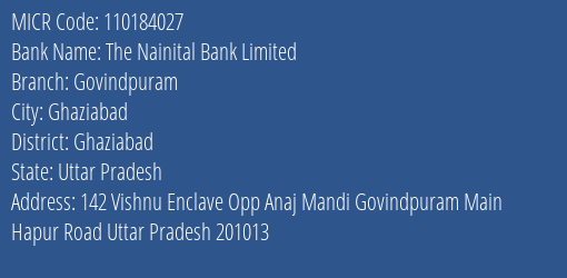 The Nainital Bank Limited Govindpuram MICR Code