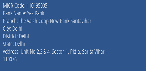 The Vaish Cooperative New Bank Saritavihar MICR Code