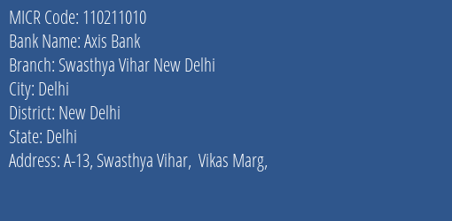 Axis Bank Swasthya Vihar New Delhi MICR Code