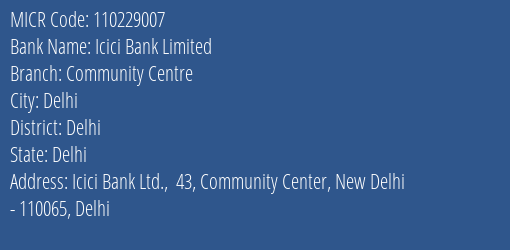 Icici Bank Limited Community Centre MICR Code
