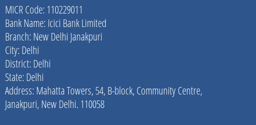 Icici Bank Limited New Delhi Janakpuri MICR Code