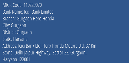 Icici Bank Limited Gurgaon Hero Honda MICR Code