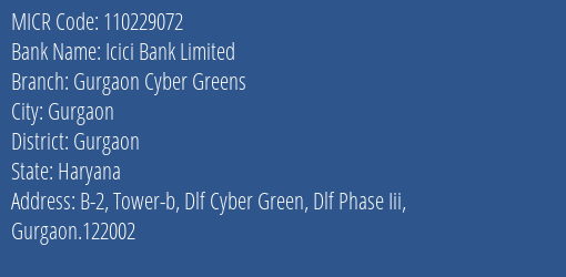 Icici Bank Limited Gurgaon Cyber Greens MICR Code