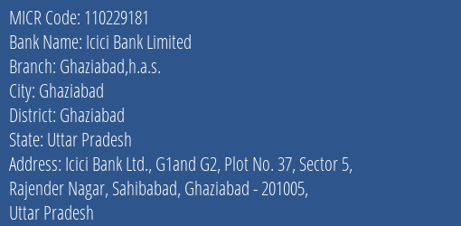 Icici Bank Ghaziabad H.a.s. Branch Address Details and MICR Code 110229181