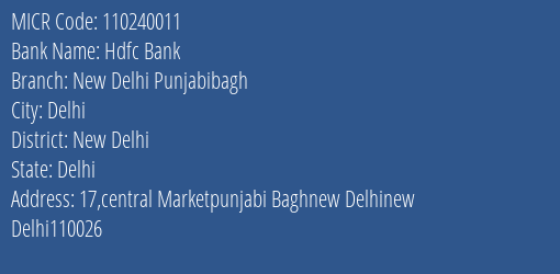 Hdfc Bank New Delhi Punjabibagh MICR Code