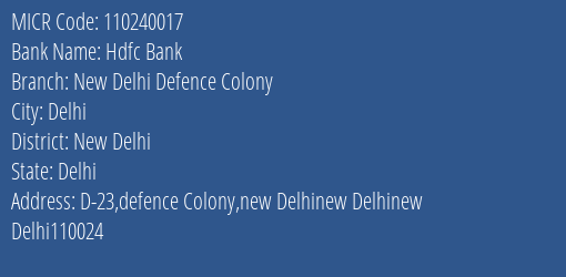 Hdfc Bank New Delhi Defence Colony MICR Code