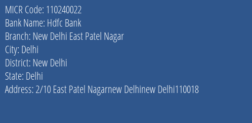 Hdfc Bank New Delhi East Patel Nagar MICR Code