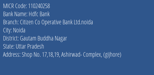 Citizen Co Operative Bank Ltd Gijhore MICR Code