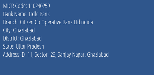 Citizen Co Operative Bank Ltd Sanjay Nagar MICR Code