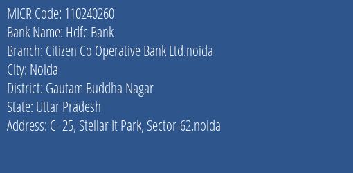 Citizen Co Operative Bank Ltd Sector 62 Noida MICR Code