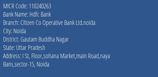 Citizen Co Operative Bank Ltd Main Road MICR Code