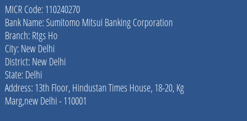 Sumitomo Mitsui Banking Corporation Rtgs Ho MICR Code