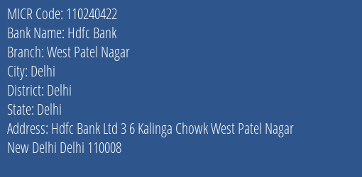 Hdfc Bank West Patel Nagar MICR Code