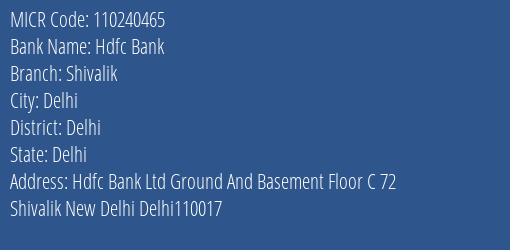 Hdfc Bank Shivalik Branch Address Details and MICR Code 110240465