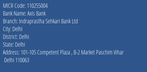Indraprastha Sahkari Bank Ltd Market Paschim Vihar MICR Code