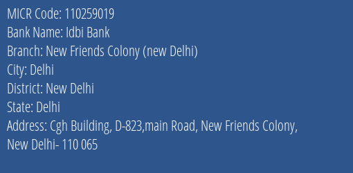 Idbi Bank New Friends Colony New Delhi MICR Code