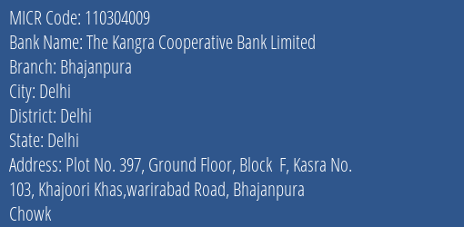 The Kangra Cooperative Bank Limited Bhajanpura MICR Code