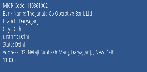 The Janata Co Operative Bank Ltd Daryaganj MICR Code