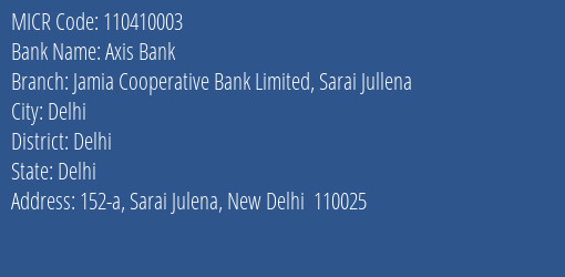 Jamia Cooperative Bank Limited Sarai Julena MICR Code