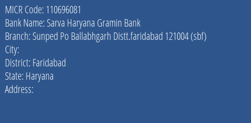 Sarva Haryana Gramin Bank Sunped Po Ballabhgarh Distt.faridabad 121004 Sbf Branch Address Details and MICR Code 110696081