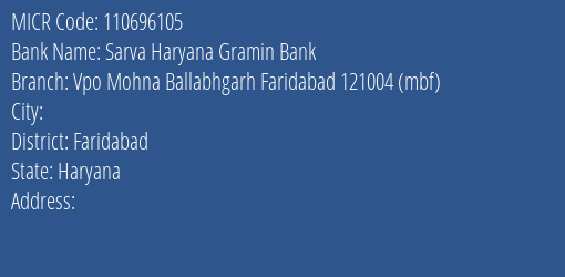 Sarva Haryana Gramin Bank Vpo Mohna Ballabhgarh Faridabad 121004 Mbf Branch Address Details and MICR Code 110696105