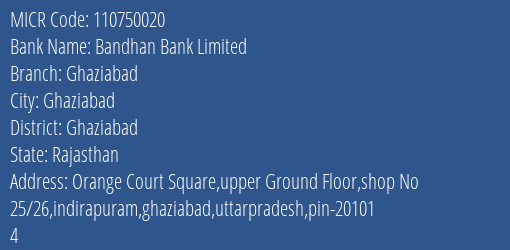 Bandhan Bank Limited Ghaziabad MICR Code