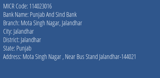 Punjab And Sind Bank Mota Singh Nagar Jalandhar Branch Address Details and MICR Code 114023016