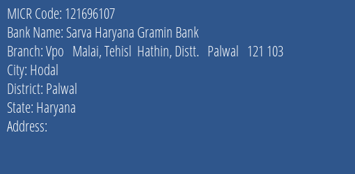 Sarva Haryana Gramin Bank Vpo Malai Tehisl Hathin Distt. Palwal 121 103 MICR Code