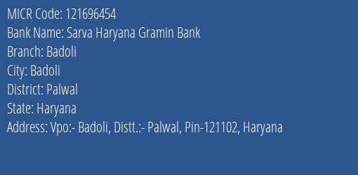 Sarva Haryana Gramin Bank Badoli MICR Code