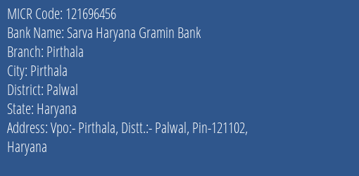 Sarva Haryana Gramin Bank Pirthala MICR Code