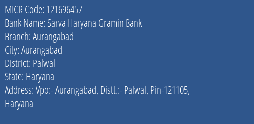Sarva Haryana Gramin Bank Aurangabad MICR Code
